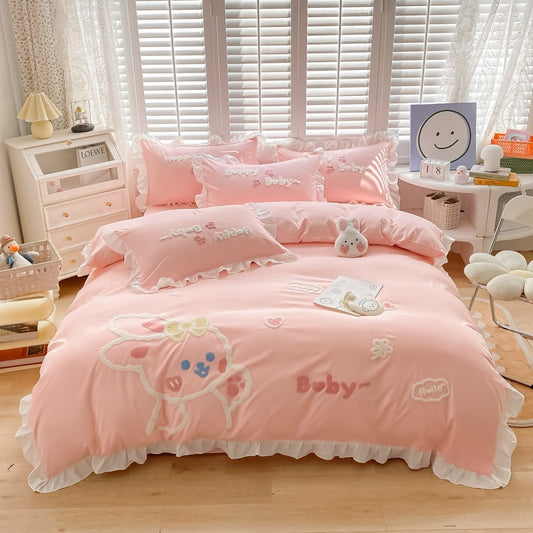 Cute Cartoon Strawberry Rabbit Embroidery Duvet Cover Set