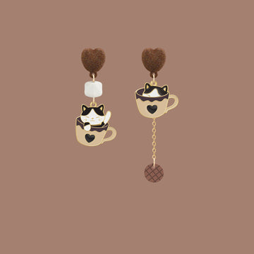 Cute Coffee Cup Kitty Asymmetrical Earrings