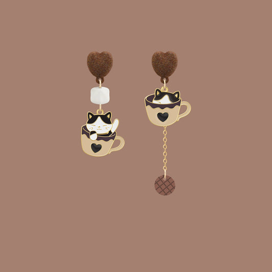 Cute Coffee Cup Kitty Asymmetrical Earrings