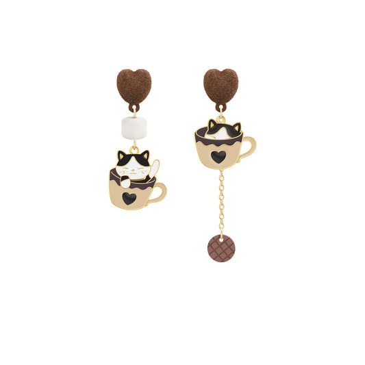 Cute Coffee Cup Kitty Asymmetrical Earrings