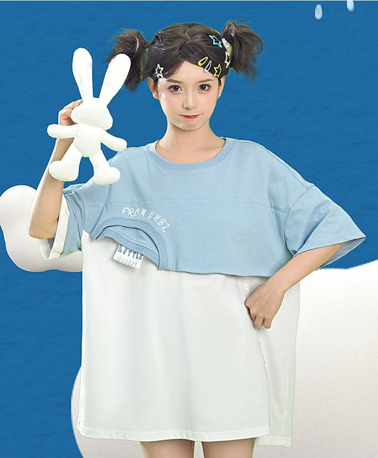 Cute Color Contrast Three-Dimensional Bunny Fake Two-Piece T-shirt