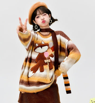 Cute Gradient Rainbow Striped Cartoon Fox Embroidered Sweater