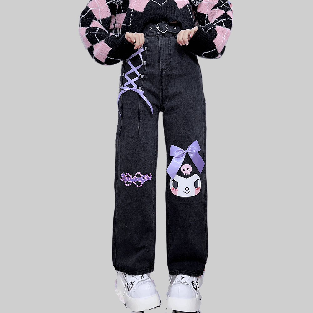 Cute Japanese Harajuku Style Kuromi Printed Jeans