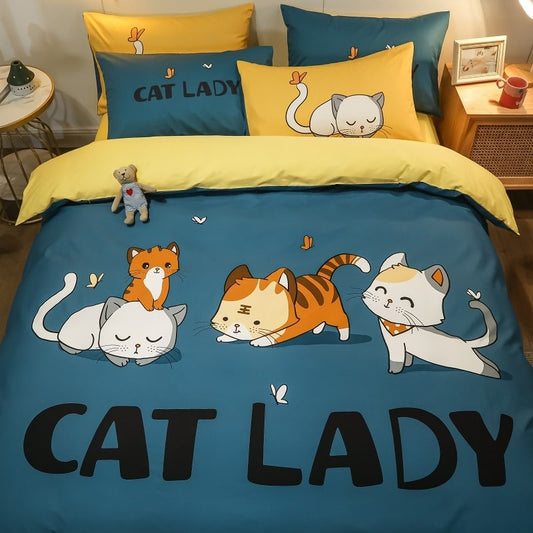 Cute Animals Cat Lady Bedding Set