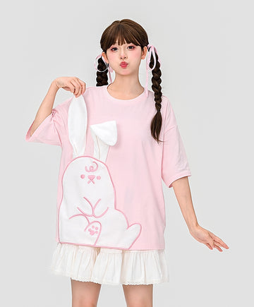 Cute Pink Cartoon Rabbit Embroidery T-shirt