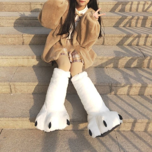 Cute Plush Bear Paw Long Tube Shoes