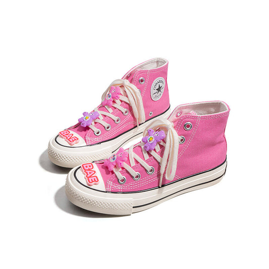 Cute Rainbow Bear Pink High Top Canvas Shoes