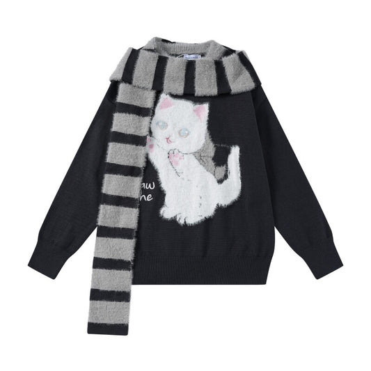 Cute Sweet Girl Style Cartoon Kitten Embroidered Sweater