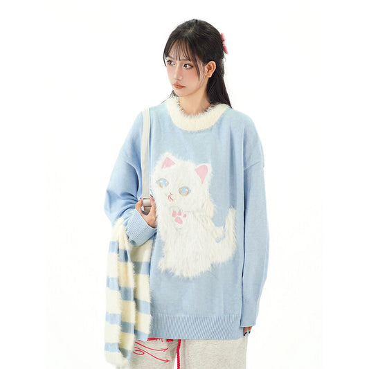 Cute Sweet Girl Style Cartoon Kitten Embroidered Sweater