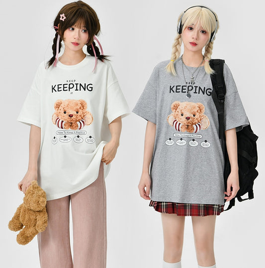 Cute Teddy Bear Graphic Print Round Neck T-shirt