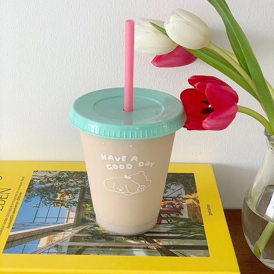 Kawaii Cute With Lid Straw Water Bottle