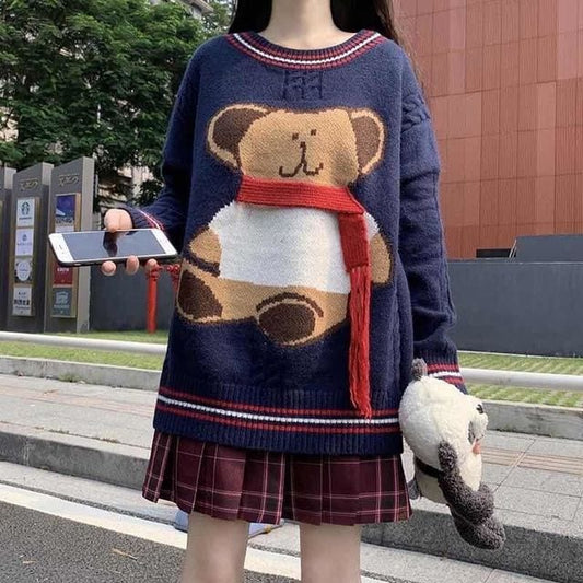 Kawaii Bear Cable Knitted Sweater