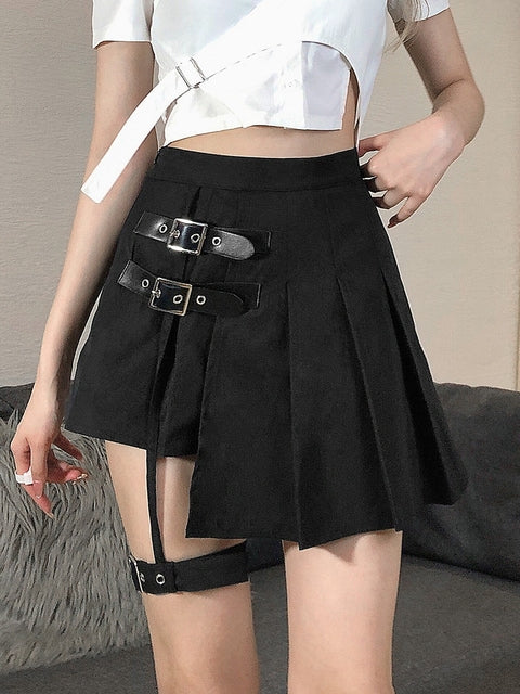 Side Belts Asymmetric Pleated Skirt