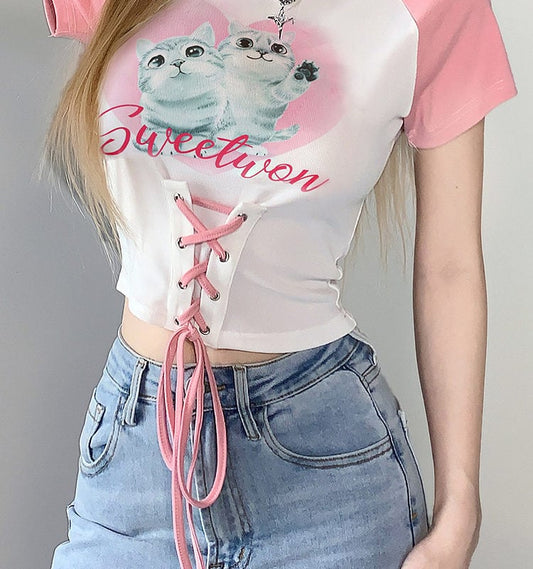 Kitties Printed Lace-Up Tops