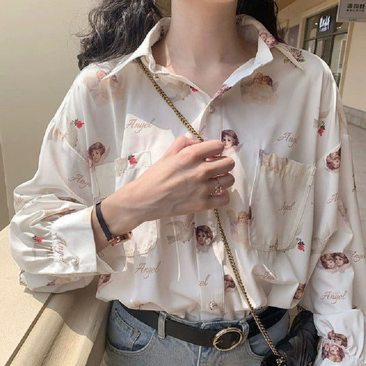 Harajuku Angel Print 90s Blouse