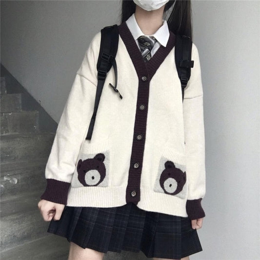 Kawaii Bear Print Cardigan Sweater