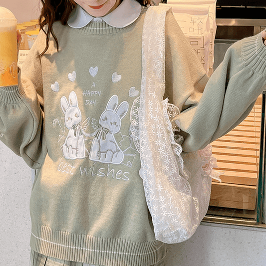Kawaii Cartoon Bunny Printed Knitted Sweater