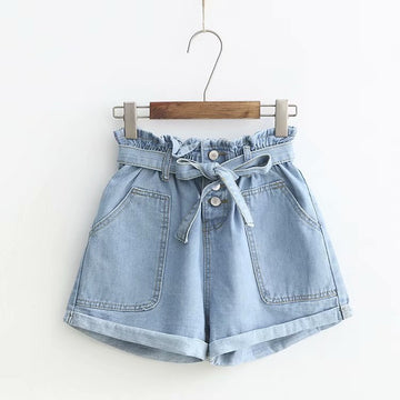 Denim High Waist Belt Button Up Shorts