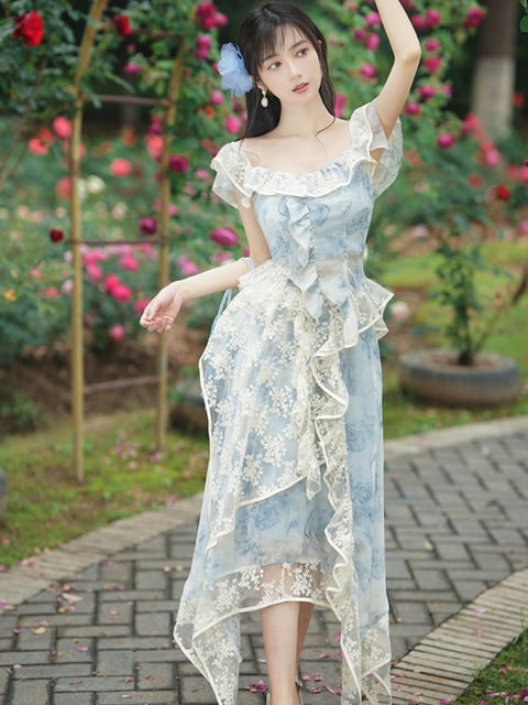 Light Sky Blue Lolita Outfits Lace Floral Print Sleeveless Top Skirt