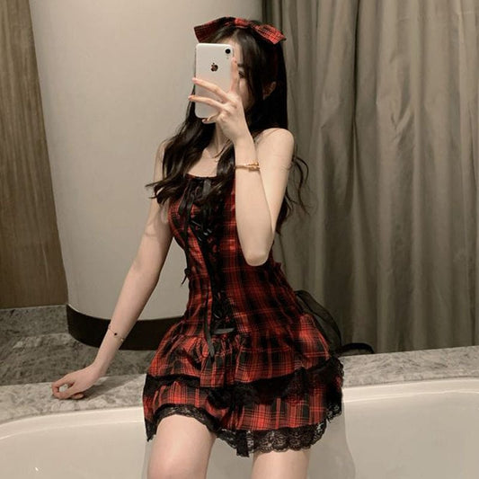 Kawaii Red Plaid Slip Dresses