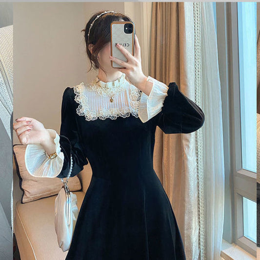 French Retro Black Midi Dress
