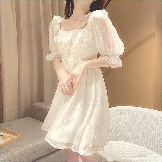 French Puff Sleeve White Summer Dress