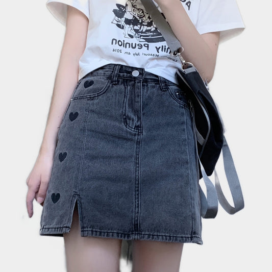 Girls Solid Color Heart Embroidered Denim Skirt