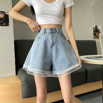 Vintage High-waisted Lace Hem Denim Shorts