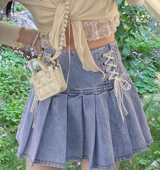 Kawaii High Waist Mini Denim Pleated Skirt