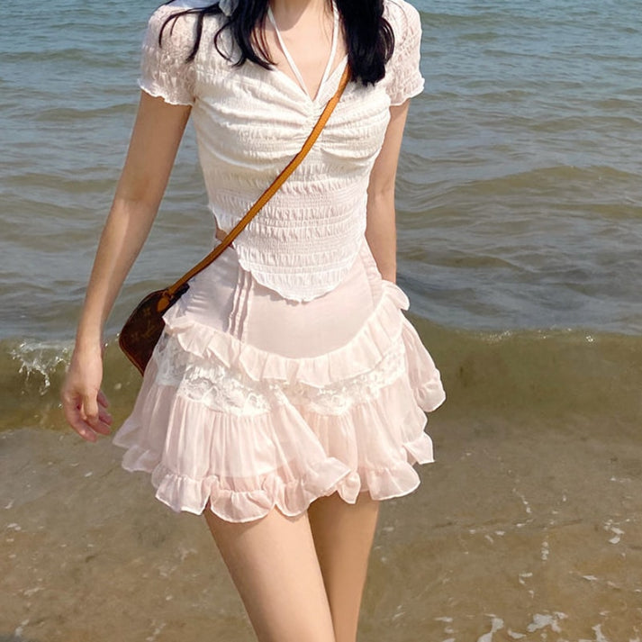 Sweet Lace Ruffle Mini Skirt – Kawaii High-Waist A-Line Style