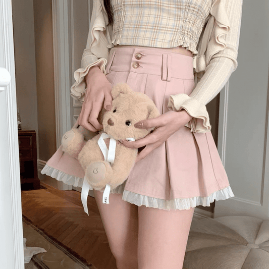 Kawaii Pink Lace Pleated Skirt