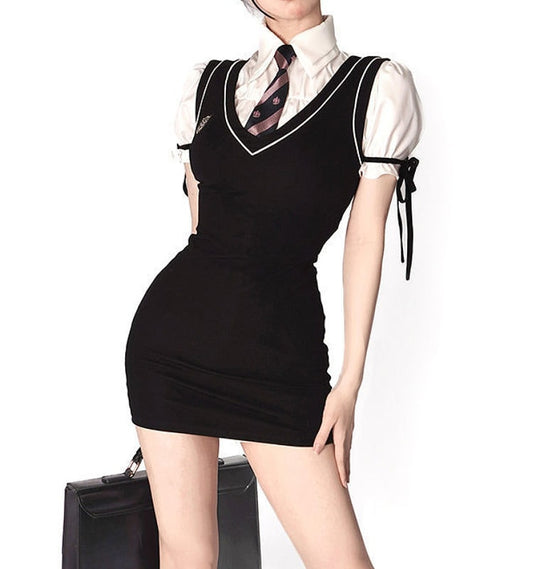 Korean Preppy Style Black Vest Dress