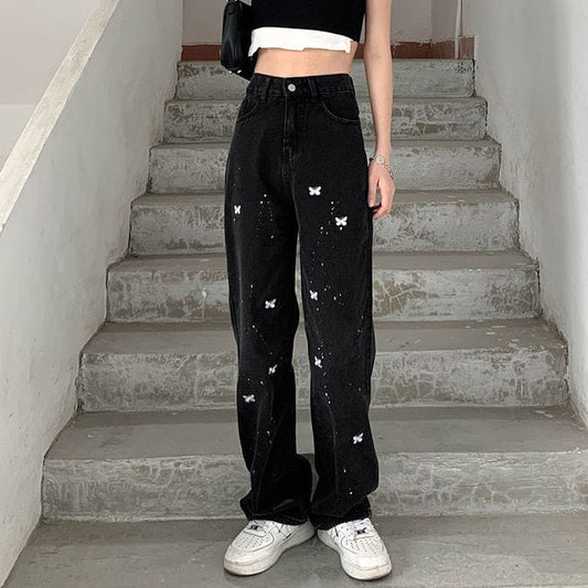 Embroidery Butterfly Denim Pants