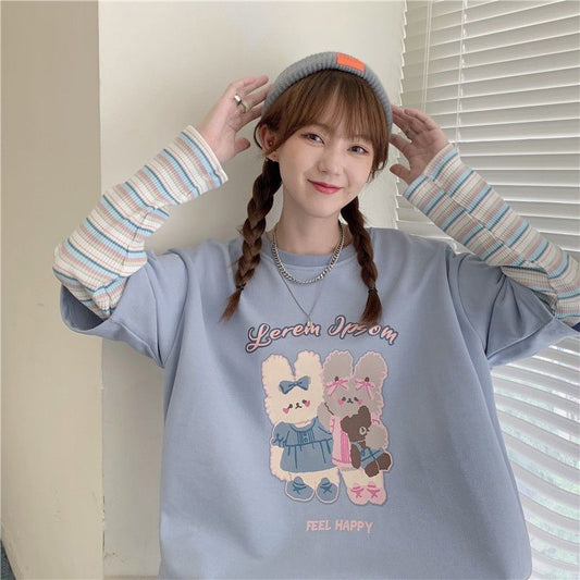 Harajuku Cartoon Rabbit Print Long Sleeve T-Shirt