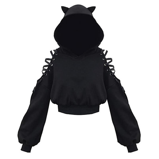 Kawaii Cat Ear Off Shoulder Crop Top Hoodie