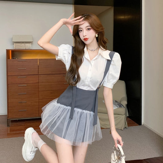 Puff Sleeve T-Shirt Tulle Overalls Skirt Two Pieces Set