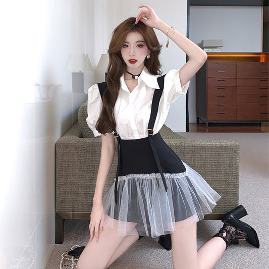 Puff Sleeve T-Shirt Tulle Overalls Skirt Two Pieces Set