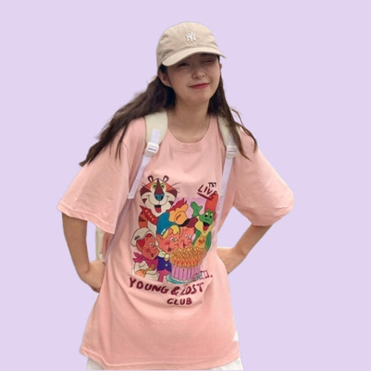 Ins Style Pink Cartoon Pattern Printed Loose T-shirt