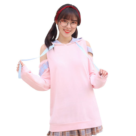 Kawaii Off-shoulder Pink Hoodies