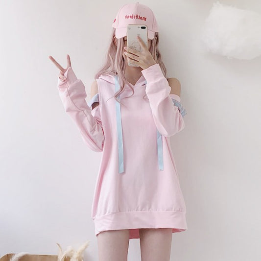 Kawaii Off-shoulder Pink Hoodies