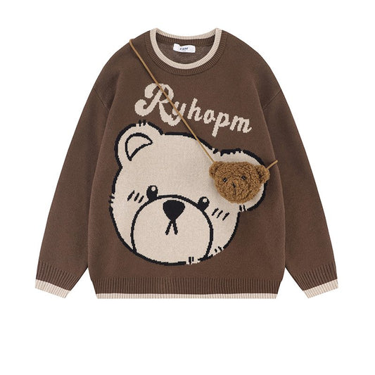 Japanese Cartoon Bear Round Neck Sweater with Bear Satchel Bag