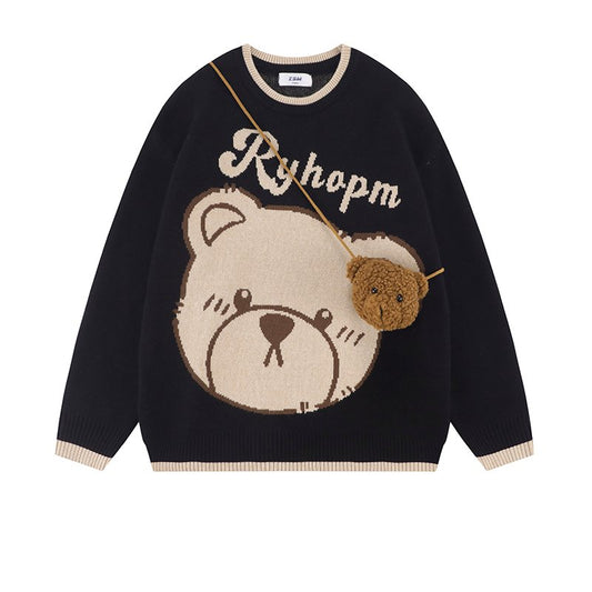 Japanese Cartoon Bear Round Neck Sweater with Bear Satchel Bag