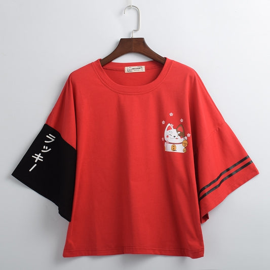 Japanese Lucky Cat Print T-shirt