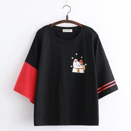 Japanese Lucky Cat Print T-shirt