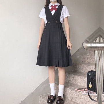 Kawaii Bow Tie Pleated Suspender Skirt Two Pieces Set
