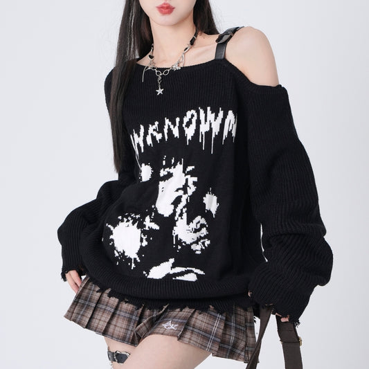 Japanese Harajuku Style Black Comic Embroidered Sweater