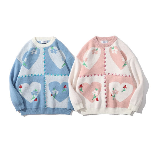 Japanese Heart Embroidered Round Neck Sweater