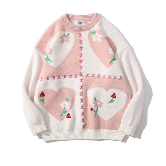 Japanese Heart Embroidered Round Neck Sweater