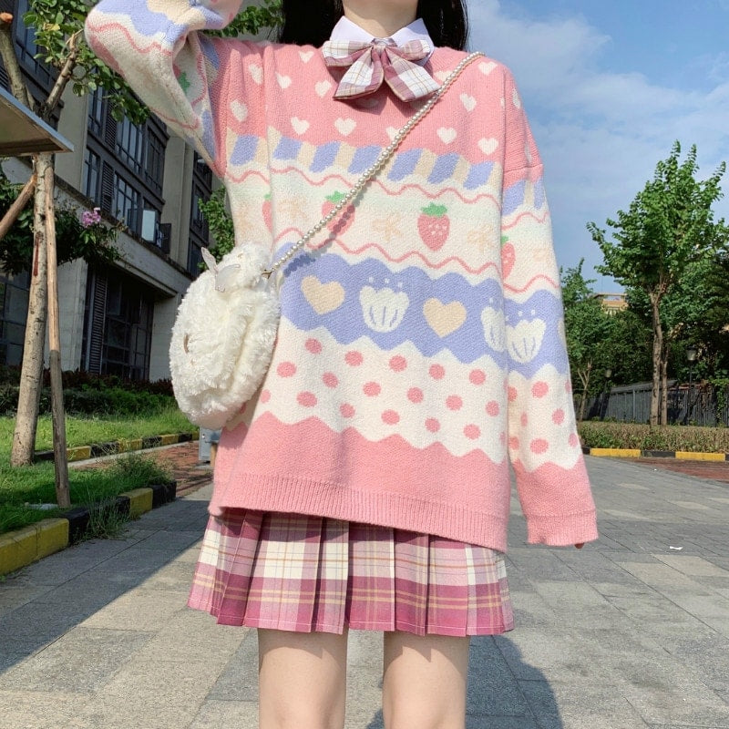 Kawaii Vintage Pink Strawberry Sweater