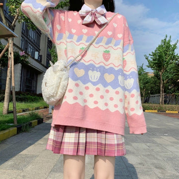 Kawaii Vintage Pink Strawberry Sweater
